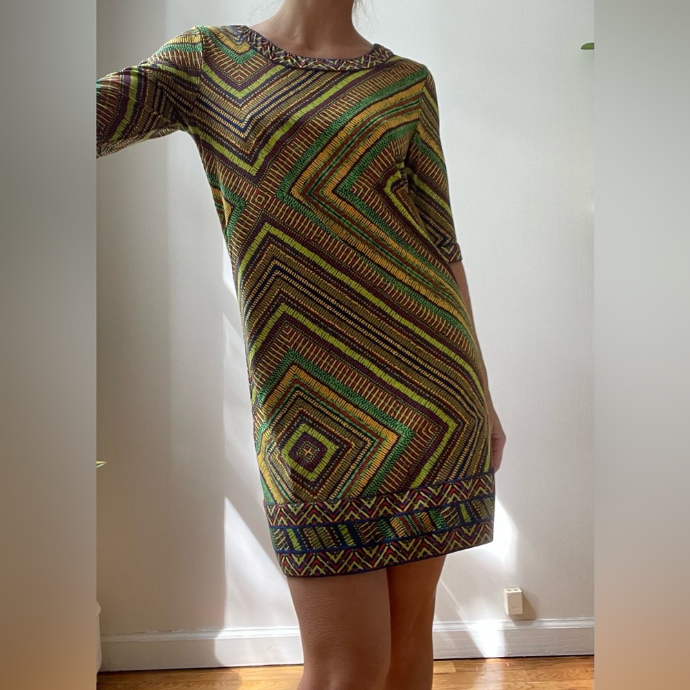 BCBG African print mini dress with 3/4 sleeves